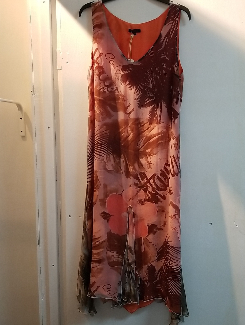 Sleeveless Coral & Brown Floral Print V-Neck Dress